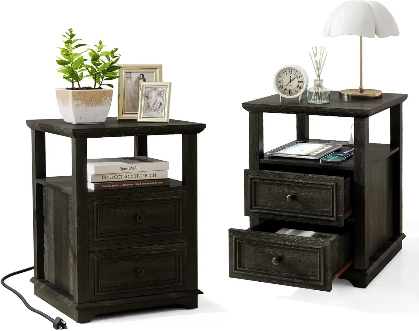 18" Farmhouse Night Stand Set 2 with Charging Station Rustic Black End Table for Living Room with 2 Drawers Bed Side Table - Blu Lotus Boutique