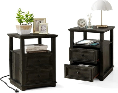 18" Farmhouse Night Stand Set 2 with Charging Station Rustic Black End Table for Living Room with 2 Drawers Bed Side Table - Blu Lotus Boutique