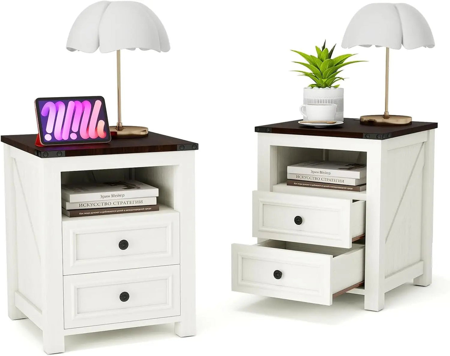 18" Farmhouse Night Stand Set 2 with Charging Station Rustic Black End Table for Living Room with 2 Drawers Bed Side Table - Blu Lotus Boutique