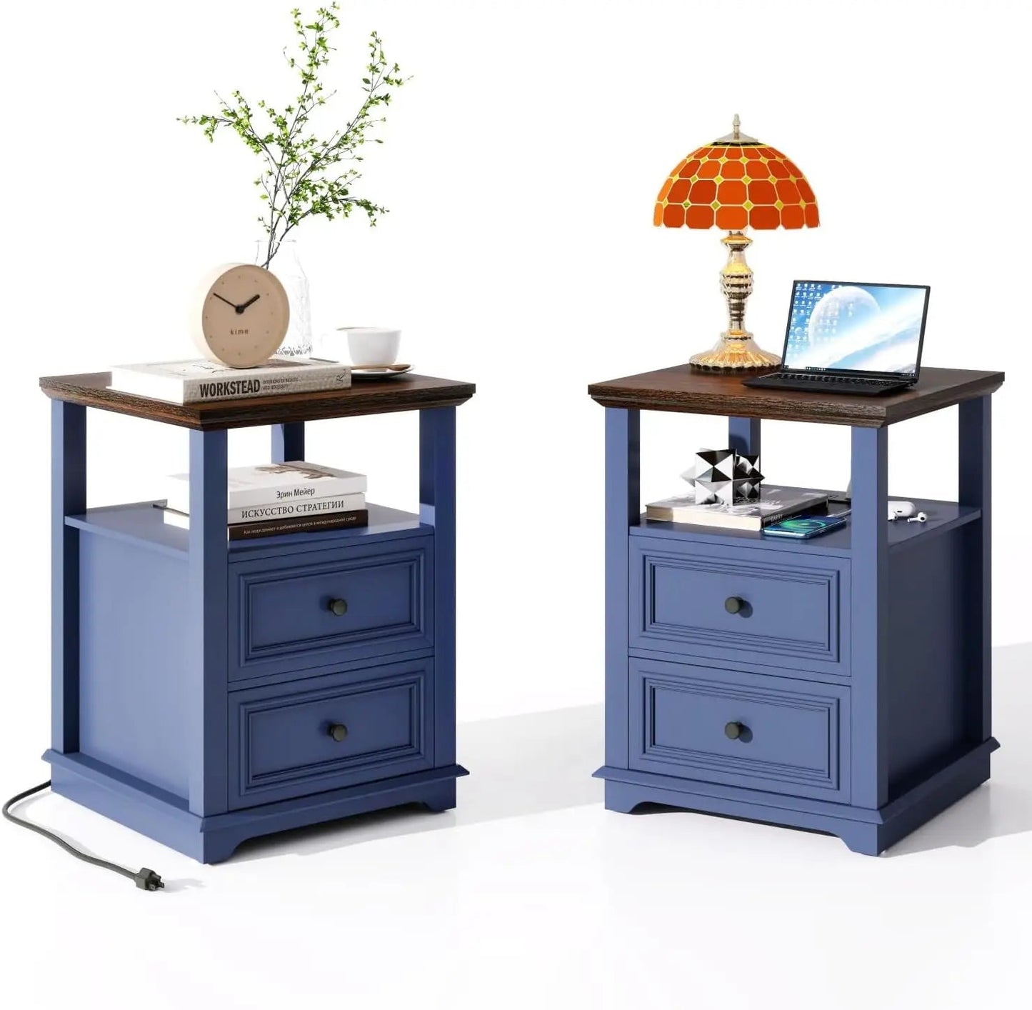 18" Farmhouse Night Stand Set 2 with Charging Station Rustic Black End Table for Living Room with 2 Drawers Bed Side Table - Blu Lotus Boutique