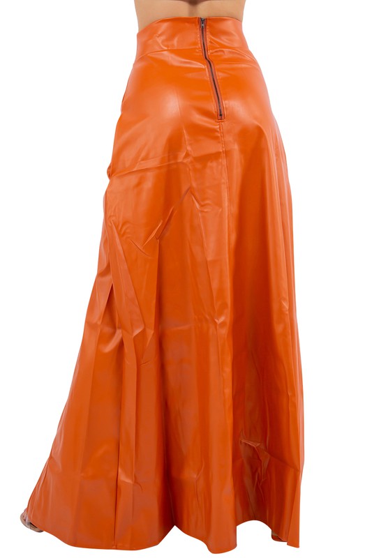 Long PU leather orange skirt