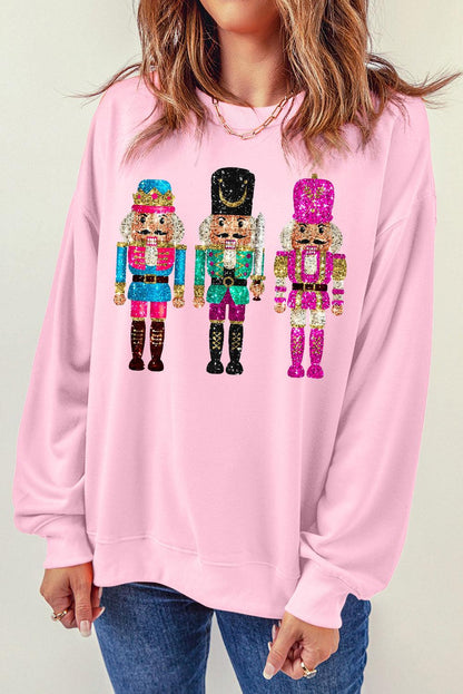 Pink Cute Nutcracker Printed Drop Shoulder Christmas Sweatshirt - Blu Lotus Boutique