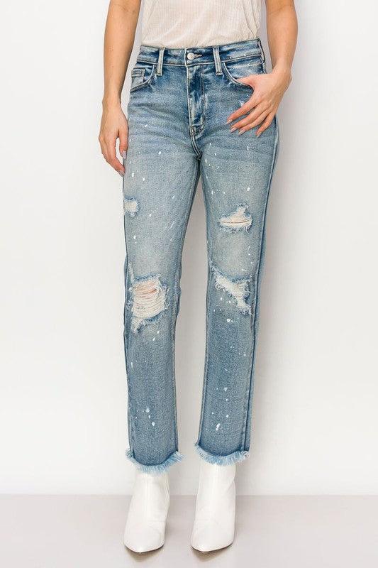 HIGH RISE DISTRESSED STRAIGHT WITH FRAY HEM JEANS - Blu Lotus Boutique