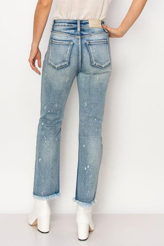 HIGH RISE DISTRESSED STRAIGHT WITH FRAY HEM JEANS - Blu Lotus Boutique