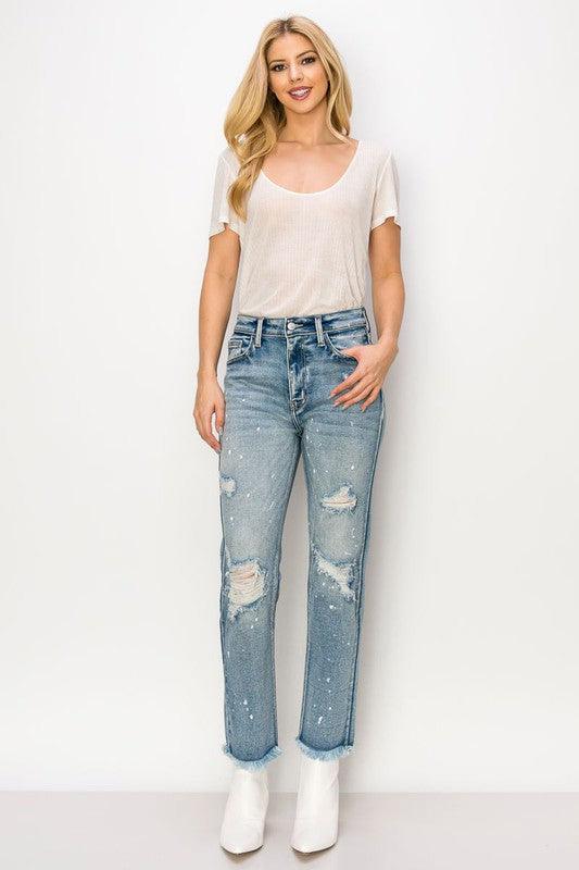 HIGH RISE DISTRESSED STRAIGHT WITH FRAY HEM JEANS - Blu Lotus Boutique