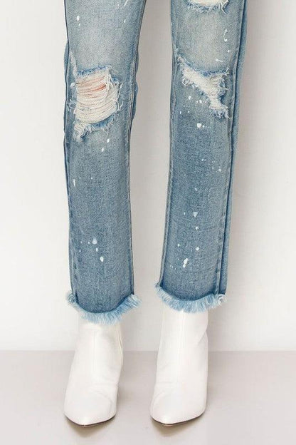 HIGH RISE DISTRESSED STRAIGHT WITH FRAY HEM JEANS - Blu Lotus Boutique