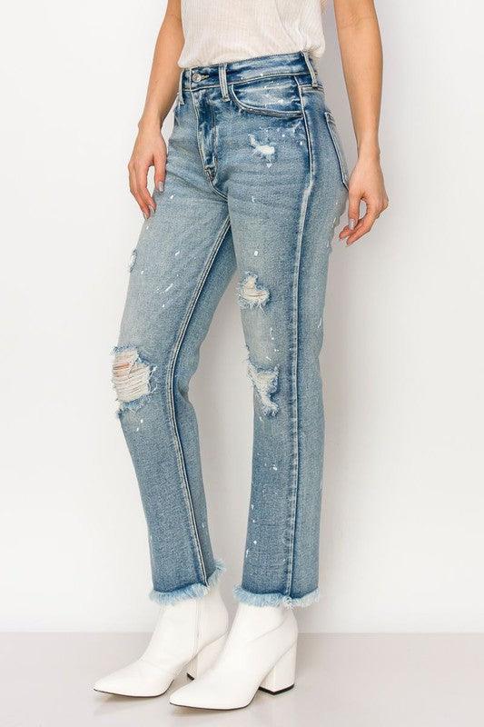 HIGH RISE DISTRESSED STRAIGHT WITH FRAY HEM JEANS - Blu Lotus Boutique