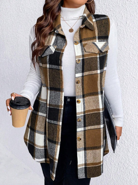 Honey Plus Size Pocketed Plaid Button Up Vest Coat - Blu Lotus Boutique