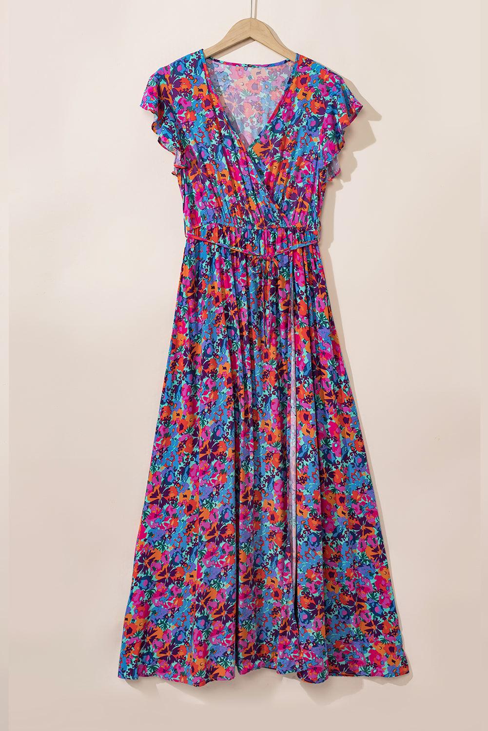 Blue Floral Print V Neck Wrap Split Maxi Dress - Blu Lotus Boutique