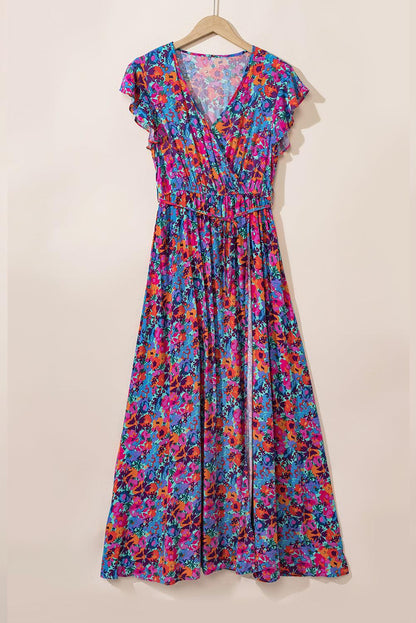 Blue Floral Print V Neck Wrap Split Maxi Dress - Blu Lotus Boutique