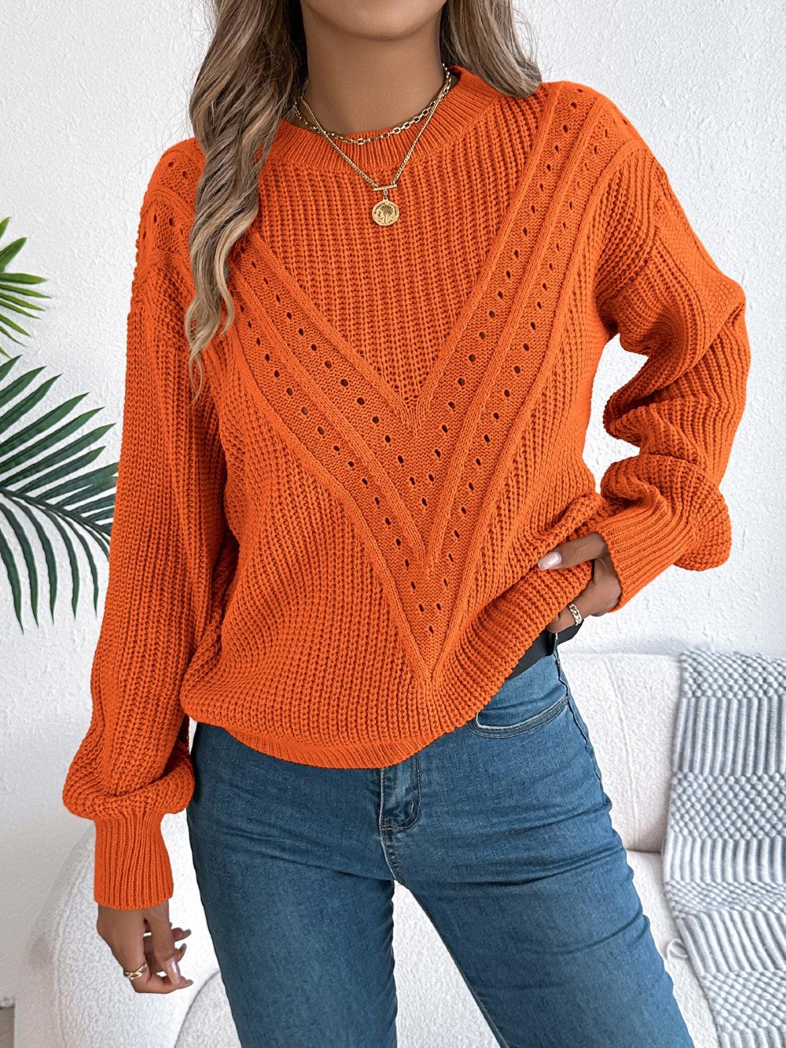 Openwork Round Neck Long Sleeve Sweater - Blu Lotus Boutique