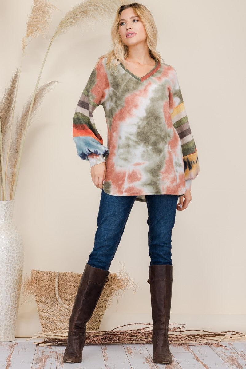 Celeste Full Size Tie-Dye Contrast Striped V-Neck Long Sleeve Blouse - Blu Lotus Boutique