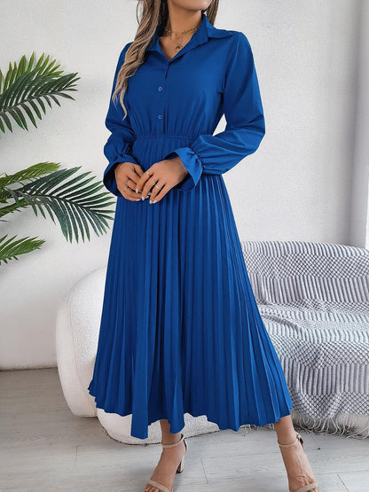 Pleated Half Button Long Sleeve Midi Dress - Blu Lotus Boutique