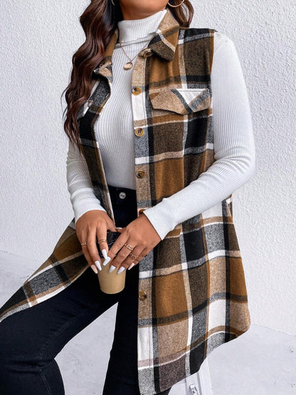 Honey Plus Size Pocketed Plaid Button Up Vest Coat - Blu Lotus Boutique