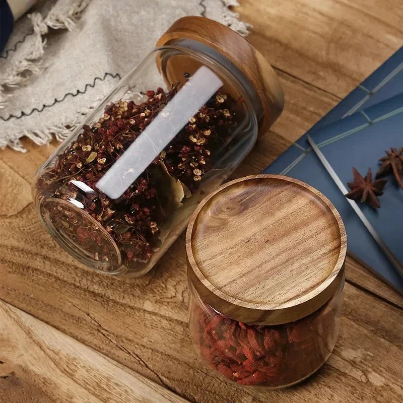 1pcs Wood Lid Orgnizer Glass Airtight Canister Kitchen Storage Bottles Jar Sealed Food Container Ginger Cereal Dispenser Set - Blu Lotus Boutique