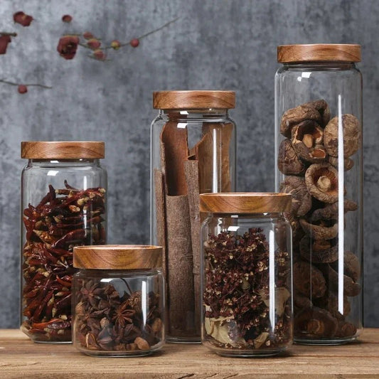 1pcs Wood Lid Orgnizer Glass Airtight Canister Kitchen Storage Bottles Jar Sealed Food Container Ginger Cereal Dispenser Set - Blu Lotus Boutique