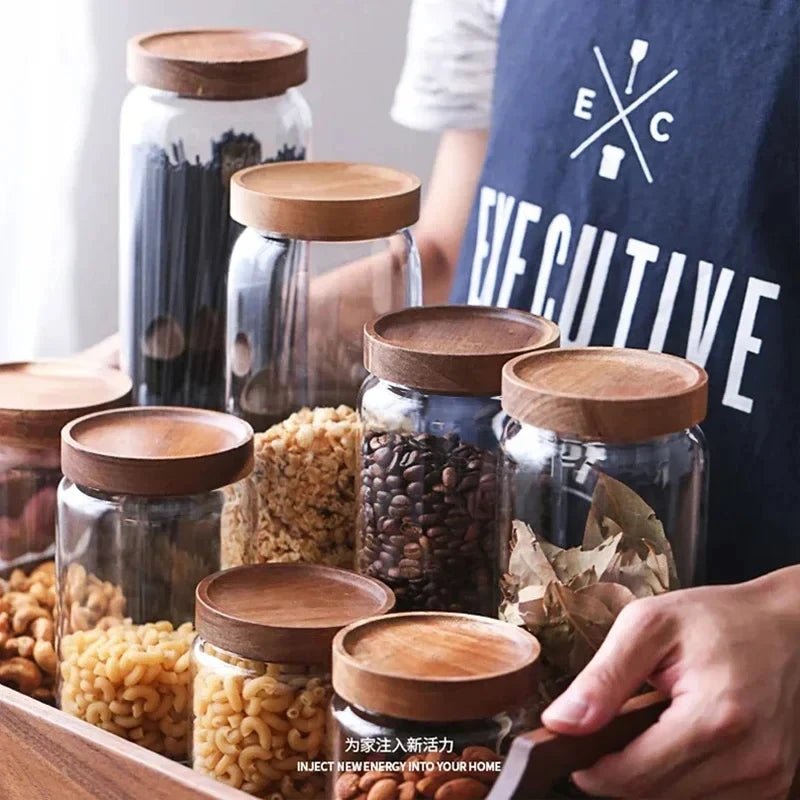 1pcs Wood Lid Orgnizer Glass Airtight Canister Kitchen Storage Bottles Jar Sealed Food Container Ginger Cereal Dispenser Set - Blu Lotus Boutique