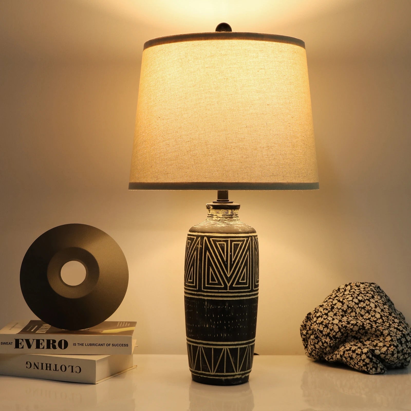 2 Pack 25 - Inch Carved Geometric Ceramic Table Lamp With Linen Shade, Southwest's Rustic Accent Lamps For Living Room End Tables - Blu Lotus Boutique