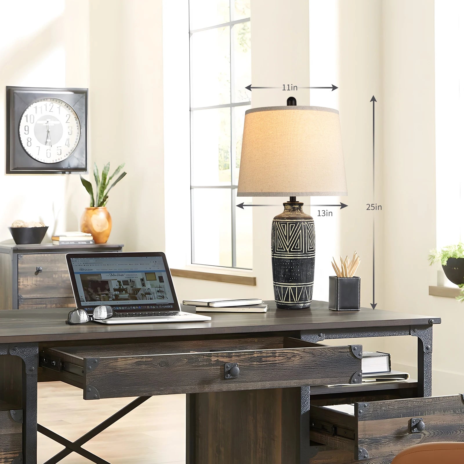 2 Pack 25 - Inch Carved Geometric Ceramic Table Lamp With Linen Shade, Southwest's Rustic Accent Lamps For Living Room End Tables - Blu Lotus Boutique