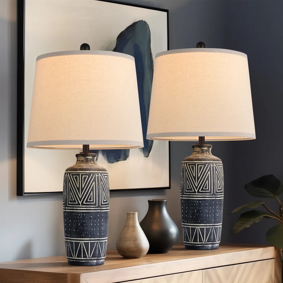 2 Pack 25 - Inch Carved Geometric Ceramic Table Lamp With Linen Shade, Southwest's Rustic Accent Lamps For Living Room End Tables - Blu Lotus Boutique