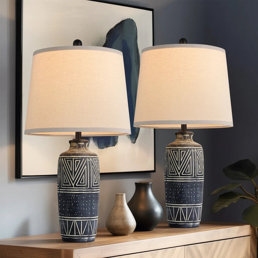 2 Pack 25 - Inch Carved Geometric Ceramic Table Lamp With Linen Shade, Southwest's Rustic Accent Lamps For Living Room End Tables - Blu Lotus Boutique