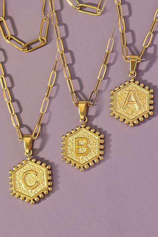 2 row brass double sided hexagon initial necklace - Blu Lotus Boutique