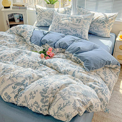 2025 Washed Cotton Double Yarn Single Quilt Cover Simple Wind Ins Wind Small Floral Korean Version Duvet Skin Friendly Bedding - Blu Lotus Boutique