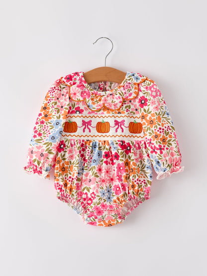 Fall Halloween & Thanksgiving Pumpkin Bow Smock Embroidered Floral Baby Girl Romper