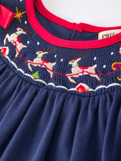 Christmas  Holiday Celebration Dress: Navy with Santa Sleigh