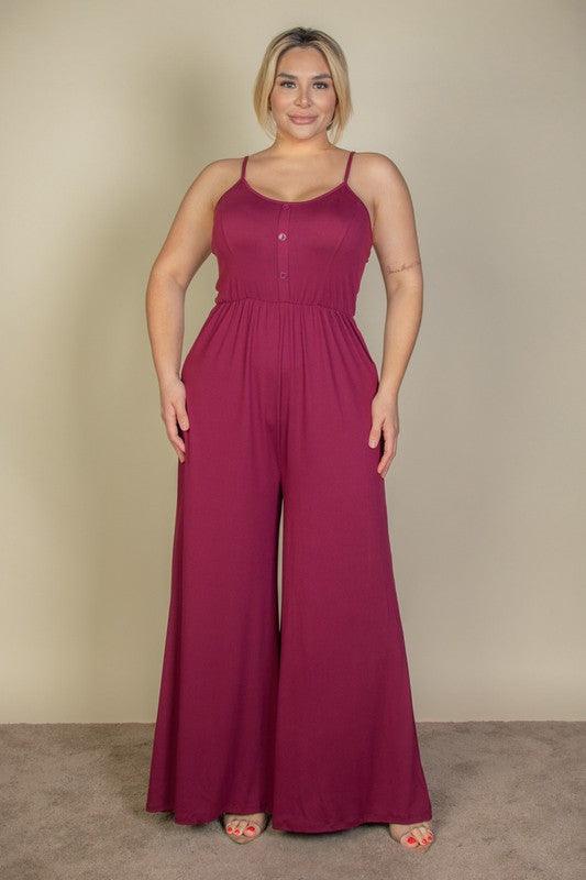 Plus Size Button Front Wide Leg Jumpsuit