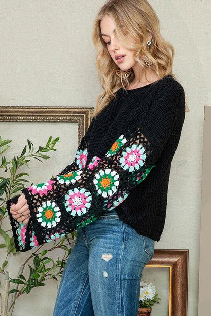 Black Floral Crochet Bell Sleeve Loose Sweater - Blu Lotus Boutique