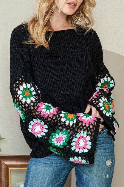 Black Floral Crochet Bell Sleeve Loose Sweater - Blu Lotus Boutique