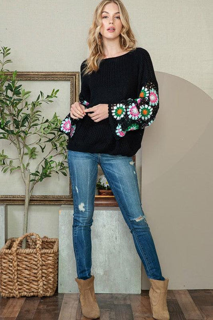 Black Floral Crochet Bell Sleeve Loose Sweater - Blu Lotus Boutique