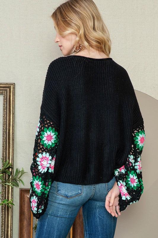 Black Floral Crochet Bell Sleeve Loose Sweater - Blu Lotus Boutique