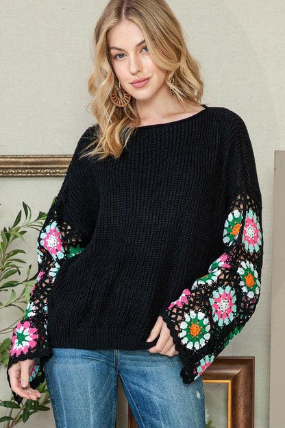 Black Floral Crochet Bell Sleeve Loose Sweater - Blu Lotus Boutique