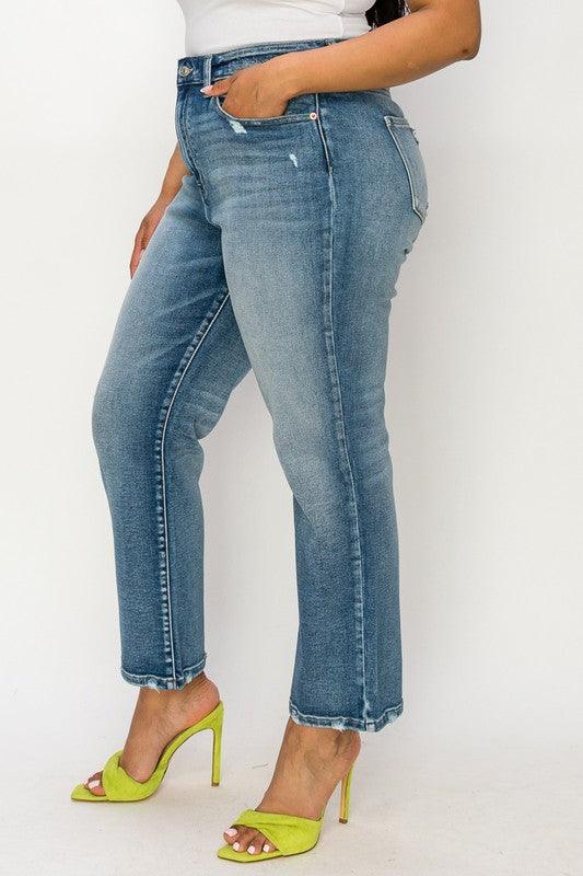 PLUS-HIGH RISE STRETCH DISTRESSED ANKLE STRAIGHT - Blu Lotus Boutique