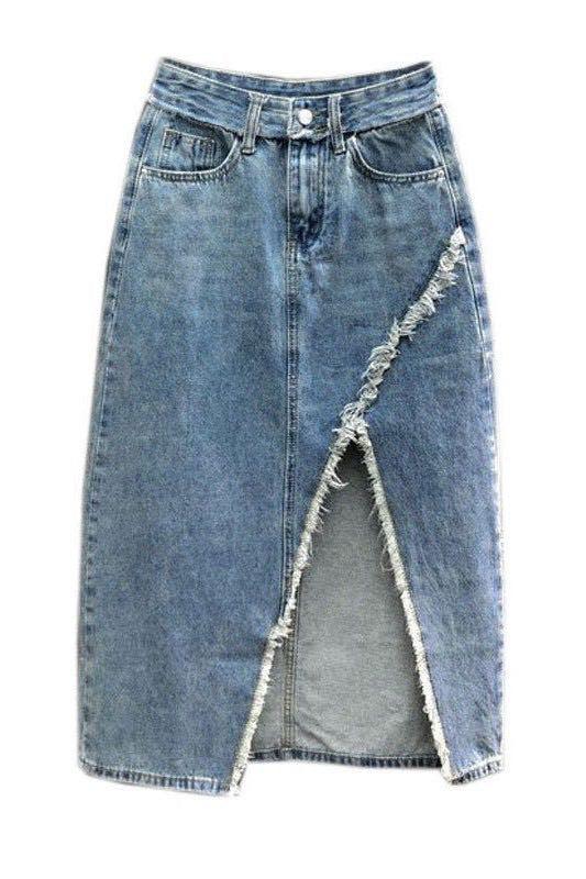 Distressed denim midi skirt - Blu Lotus Boutique