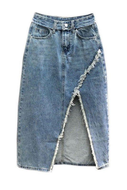 Distressed denim midi skirt - Blu Lotus Boutique