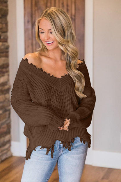 Frayed Hem Dropped Shoulder Sweater - Blu Lotus Boutique