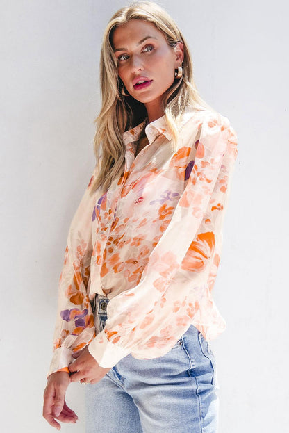 White Floral Print Collared Balloon Sleeve Loose Shirt - Blu Lotus Boutique