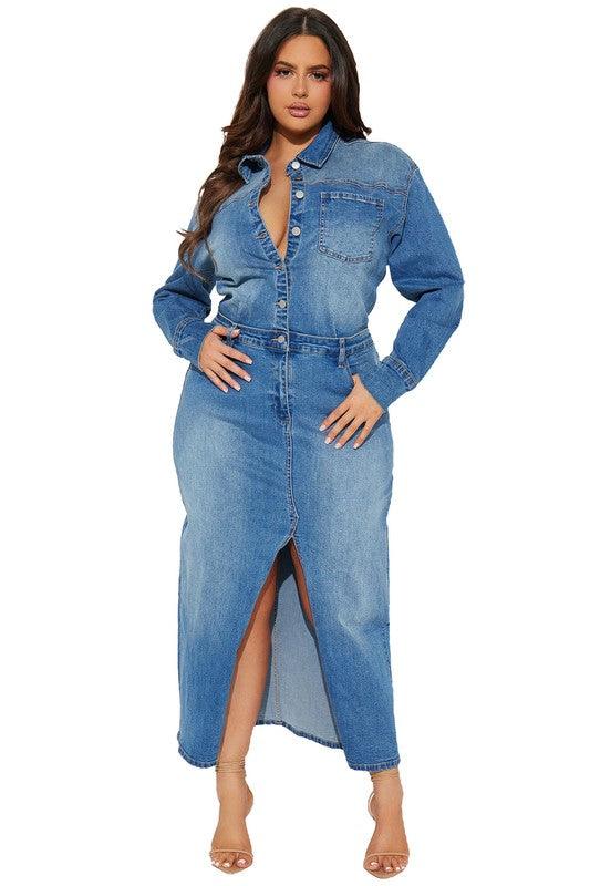 WOMEN FASHION DENIM LONG MAXI DRESS - Blu Lotus Boutique