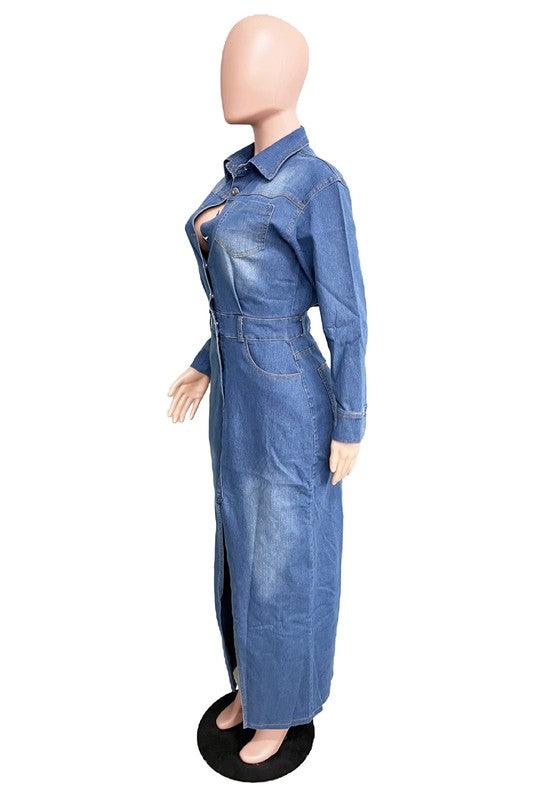 WOMEN FASHION DENIM LONG MAXI DRESS - Blu Lotus Boutique