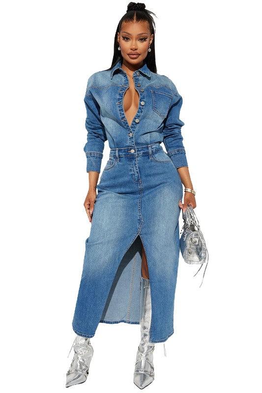 WOMEN FASHION DENIM LONG MAXI DRESS - Blu Lotus Boutique