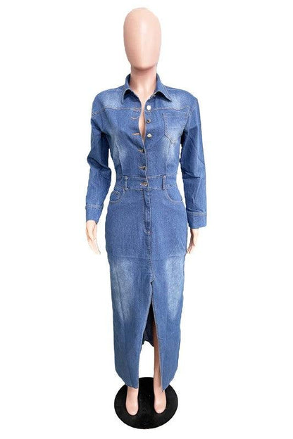 WOMEN FASHION DENIM LONG MAXI DRESS - Blu Lotus Boutique