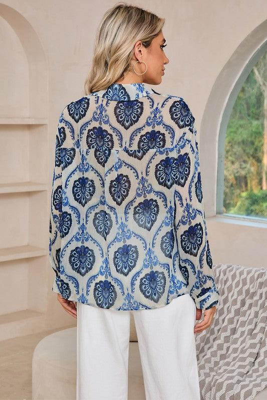 Tribal Pattern Print Buttoned V Neck Loose Shirt - Blu Lotus Boutique