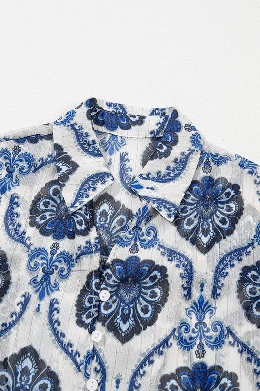 Tribal Pattern Print Buttoned V Neck Loose Shirt - Blu Lotus Boutique