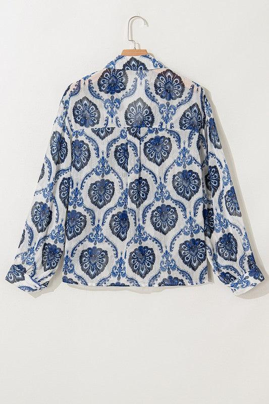 Tribal Pattern Print Buttoned V Neck Loose Shirt - Blu Lotus Boutique