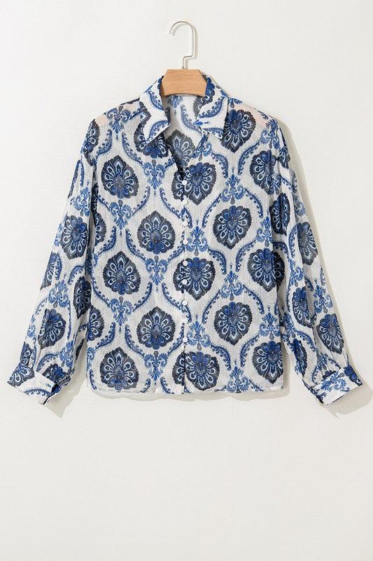 Tribal Pattern Print Buttoned V Neck Loose Shirt - Blu Lotus Boutique