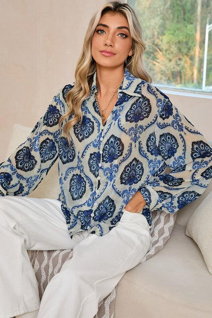 Tribal Pattern Print Buttoned V Neck Loose Shirt - Blu Lotus Boutique