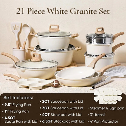 21Pcs Pots and Pans Set, Nonstick Cookware Sets, Granite Induction Cookware Non Stick Cooking Set w/Frying Pans & Saucepans - Blu Lotus Boutique